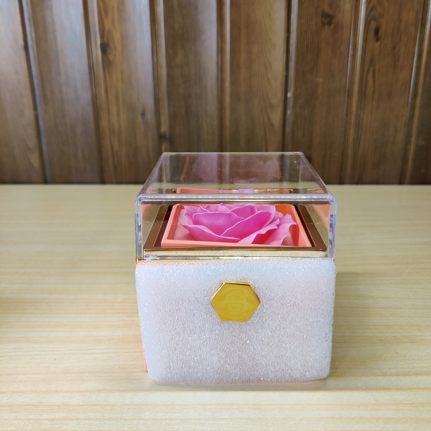 pink rotating eternal rose jewelry gift box with a preserved flower under an acrylic lid #2149