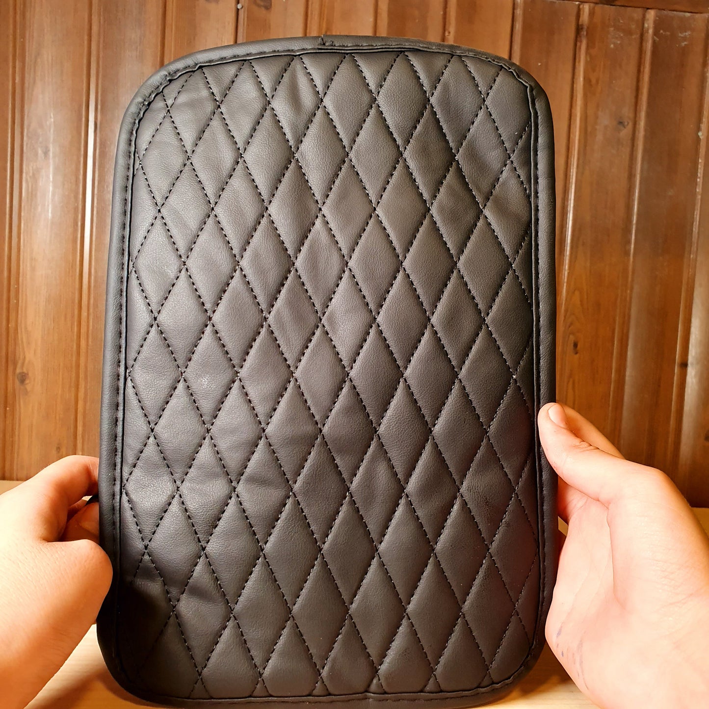 Universal aftermarket car center console cushion featuring a black leatherette material with a quilted diamond stitch pattern #3236
