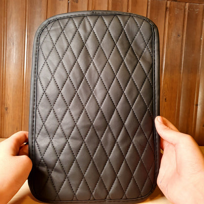 Universal aftermarket car center console cushion featuring a black leatherette material with a quilted diamond stitch pattern #3236