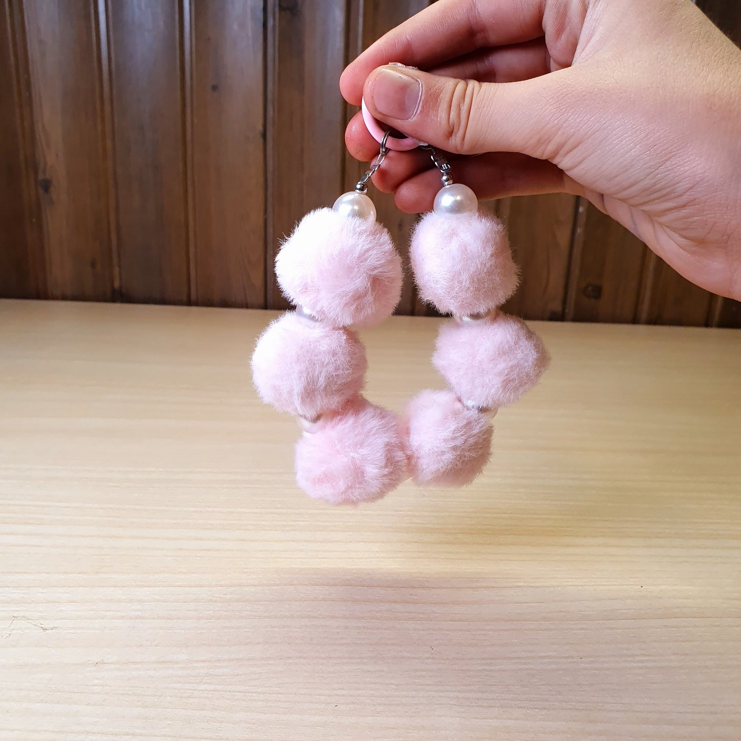 Fuzzy pink pom pom charm keychain # 3468
