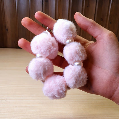 Fuzzy pink pom pom charm keychain # 3468