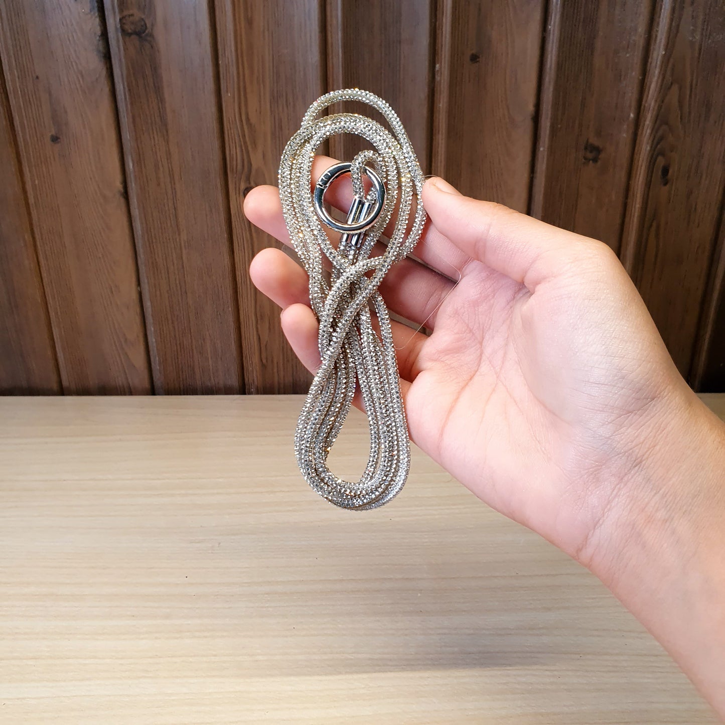 Silver Soleebee rhinestone lanyard features a sturdy metal clasp and keyring for securing IDs or keys #.4008