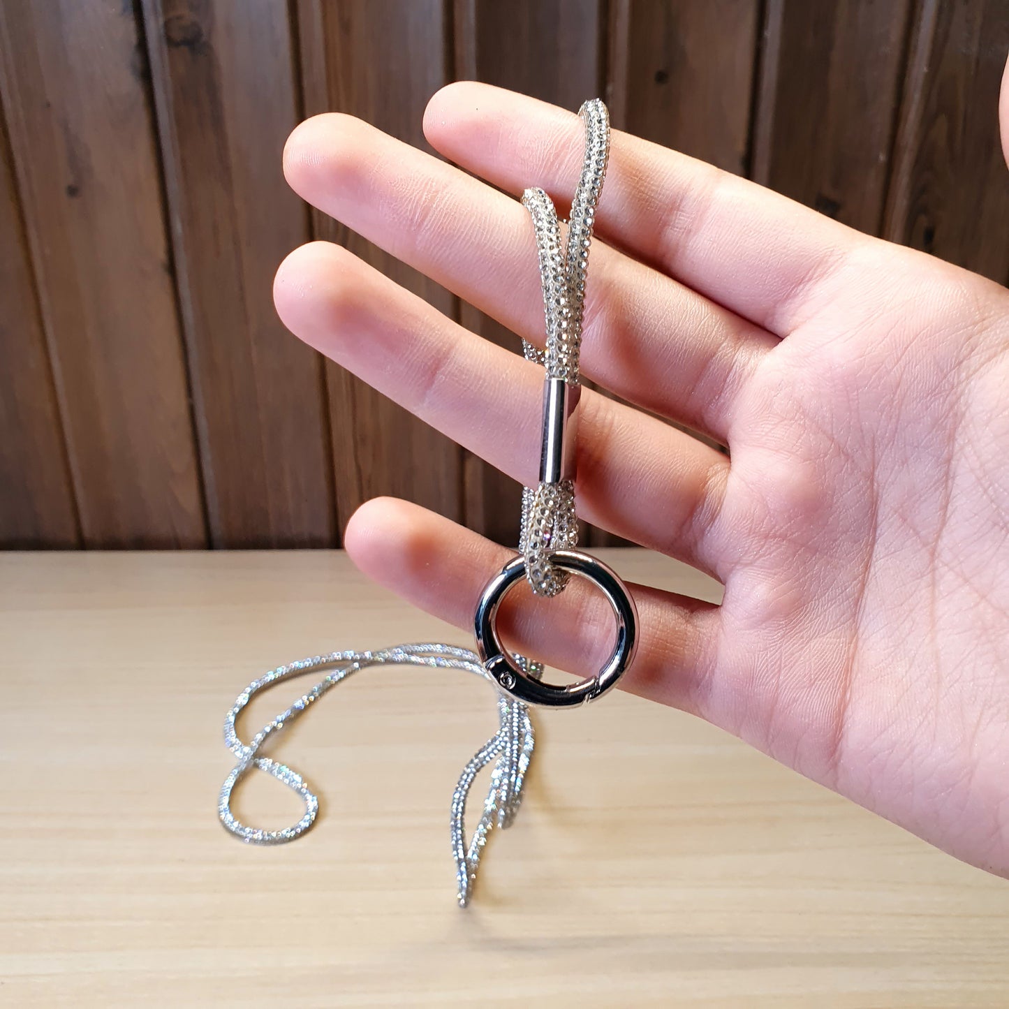 Silver Soleebee rhinestone lanyard features a sturdy metal clasp and keyring for securing IDs or keys #.4008