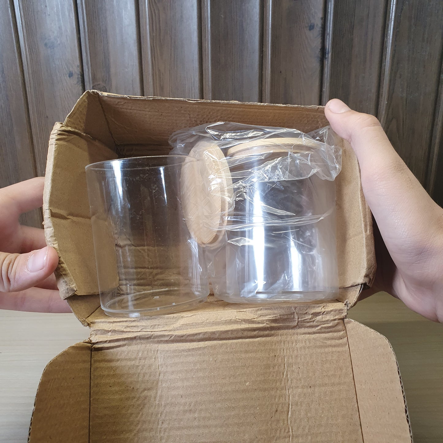 Plastic bathroom container features a sustainable bamboo lid #4910