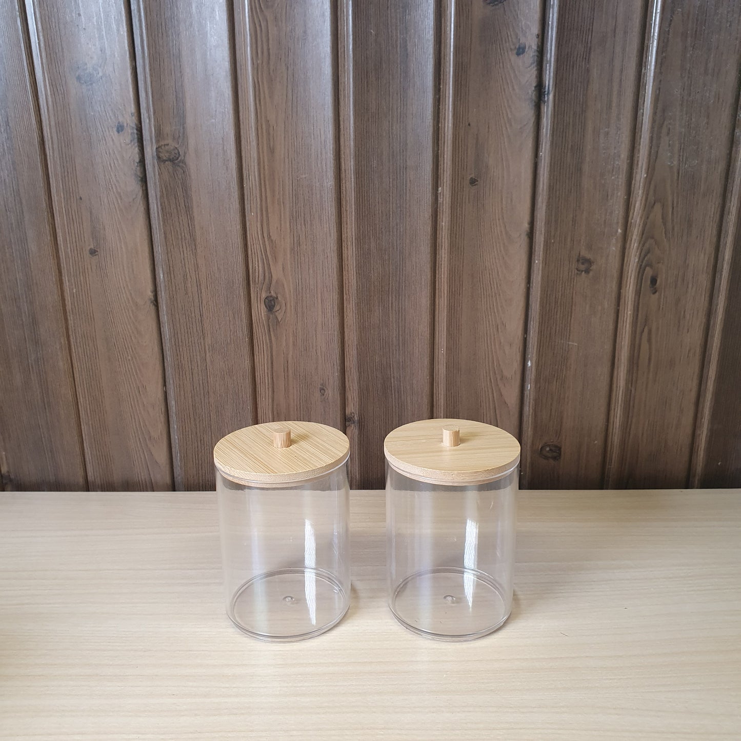 Plastic bathroom container features a sustainable bamboo lid #4910