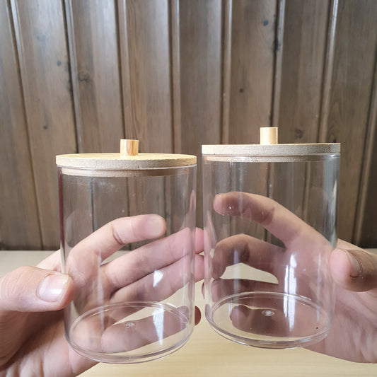 Plastic bathroom container features a sustainable bamboo lid #4910