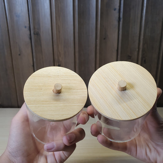 Plastic bathroom container features a sustainable bamboo lid #4910