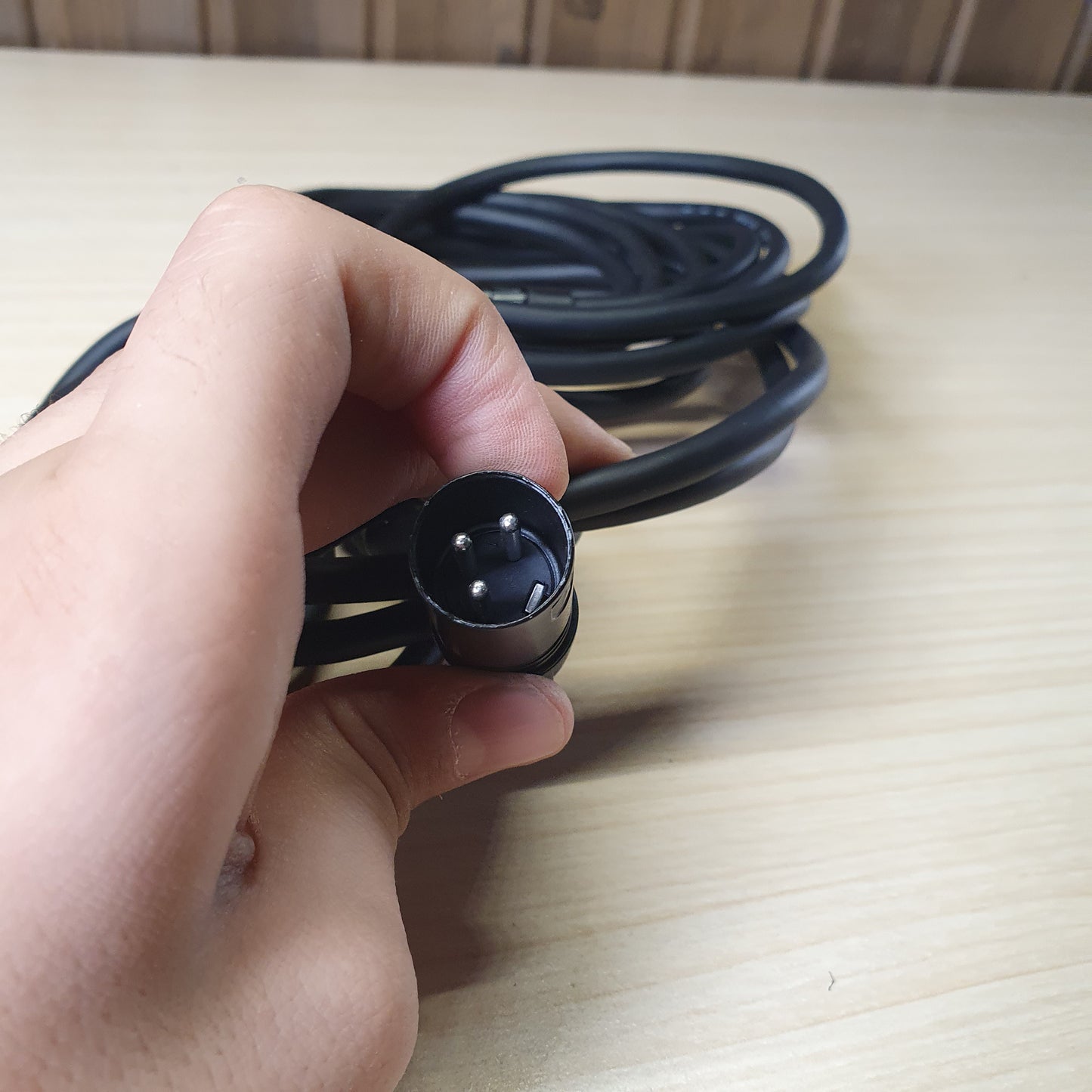 professional audio cable featuring a female XLR connector on one end and a 1/4" (6.35mm) mono jack plug on the other.#6167