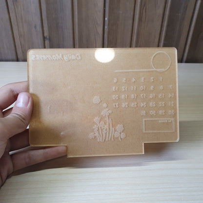 Perpetual calendar made of clear acrylic, designed for use with an LED light base. #6652