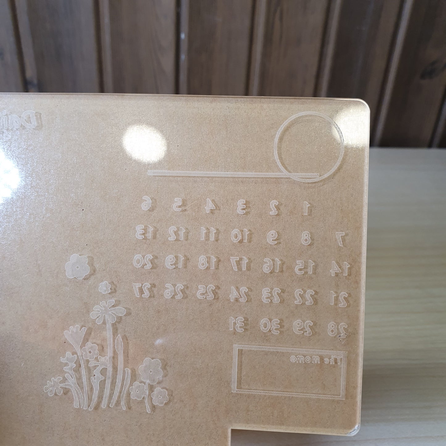 Perpetual calendar made of clear acrylic, designed for use with an LED light base. #6652