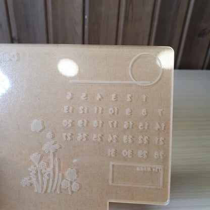 Perpetual calendar made of clear acrylic, designed for use with an LED light base. #6652
