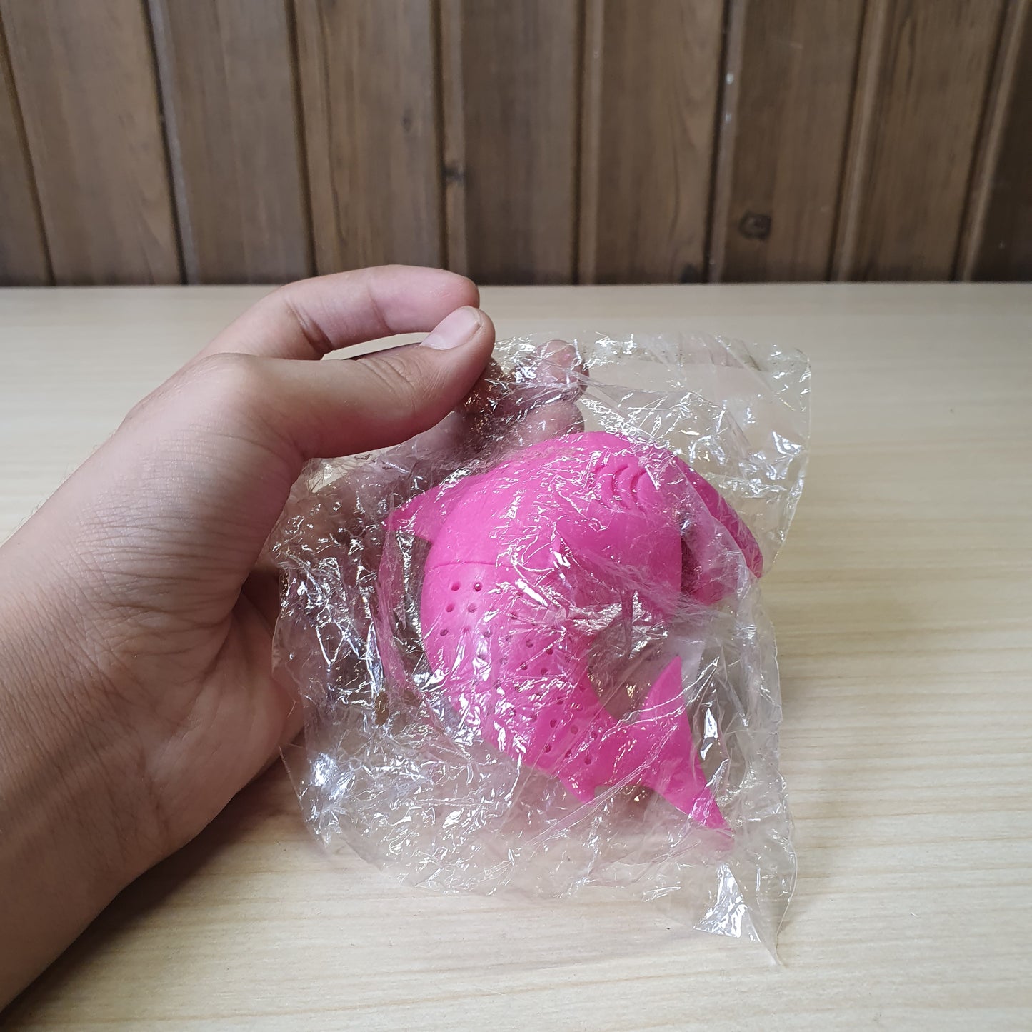 Pink shark-shaped tea infuser made from food-grade silicone.  #6941