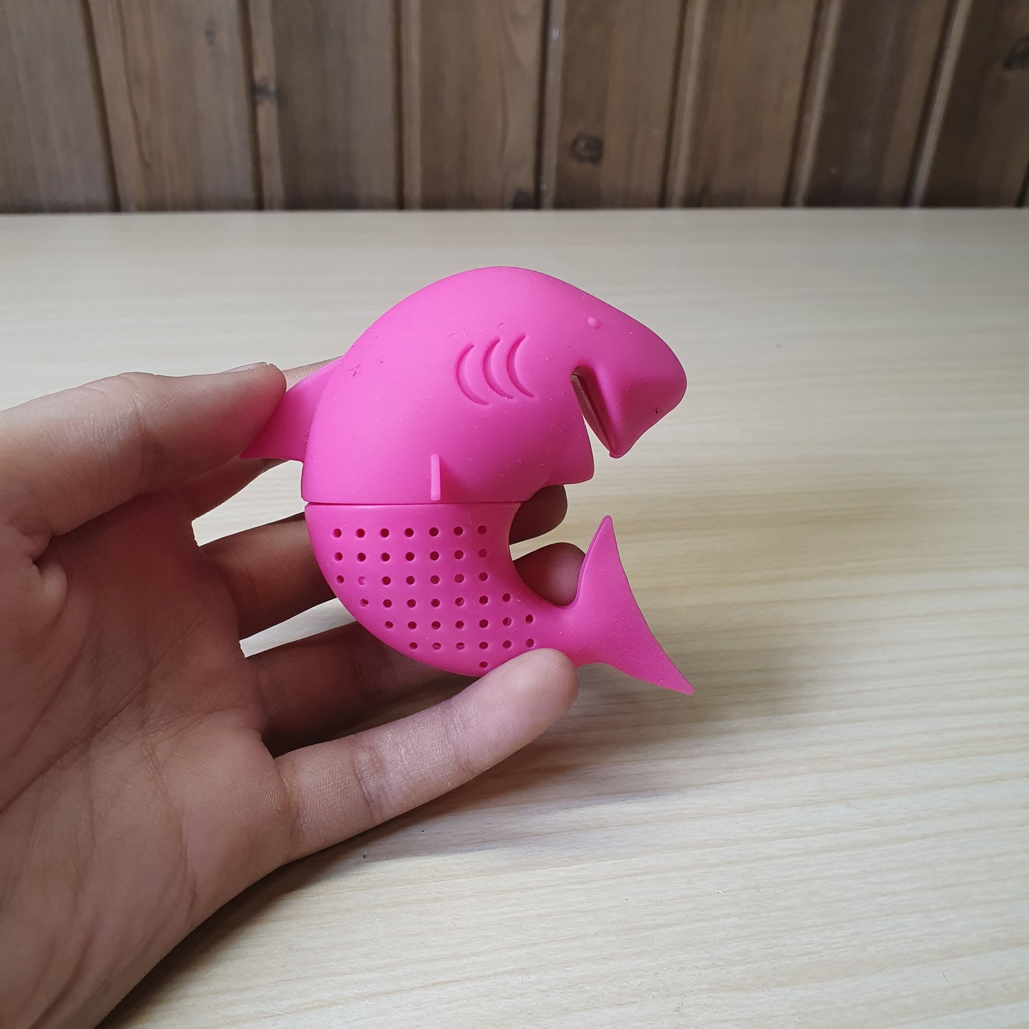 Pink shark-shaped tea infuser made from food-grade silicone.  #6941