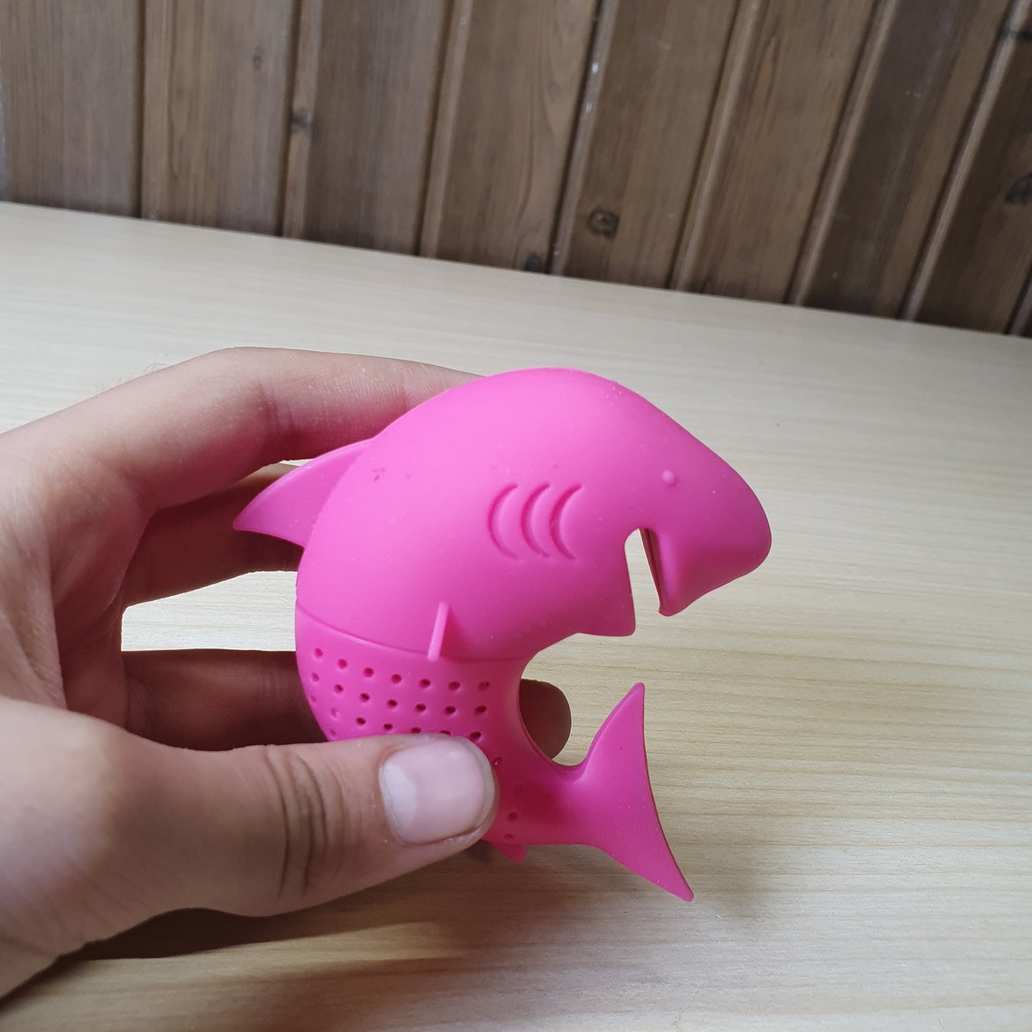 Pink shark-shaped tea infuser made from food-grade silicone.  #6941