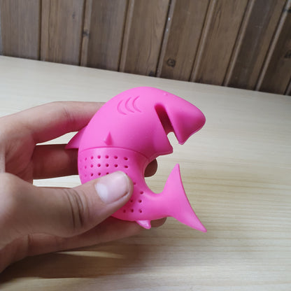 Pink shark-shaped tea infuser made from food-grade silicone.  #6941
