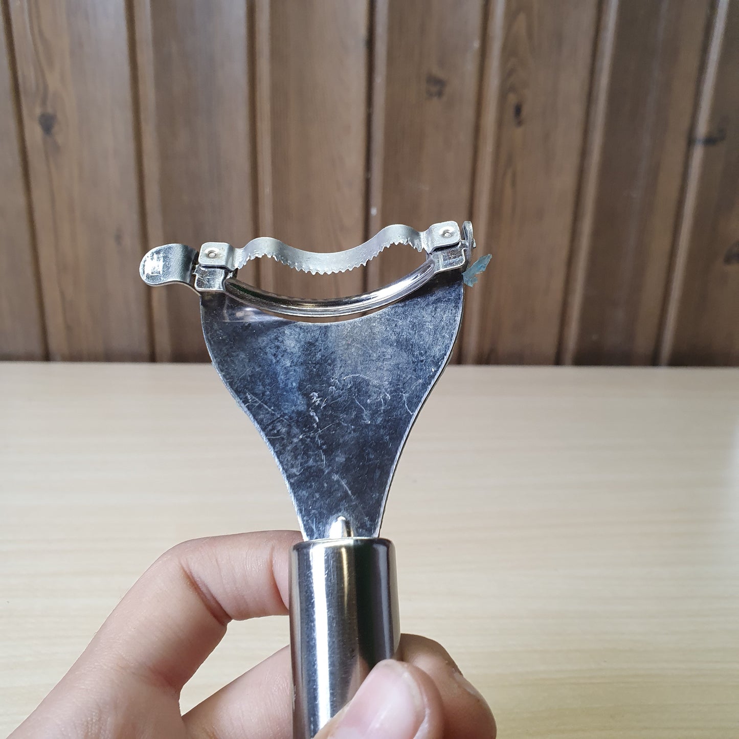 Stainless steel corn peeler or stripper designed to quickly remove kernels from the cob.#6884
