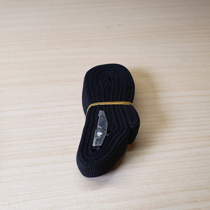 Black polypropylene cargo strap with a metal cam buckle for tie-down applications. #6711