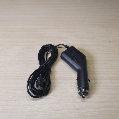 Black car charger adapter features a straight-plug cigarette lighter connector and a built-in, coiled cable. #6816