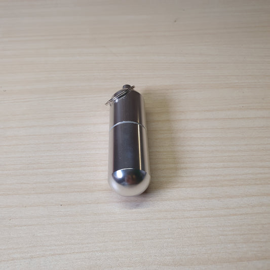 Waterproof aluminum alloy pill container featuring a screw-top lid with a silicone seal and a keyring attachment. #6960
