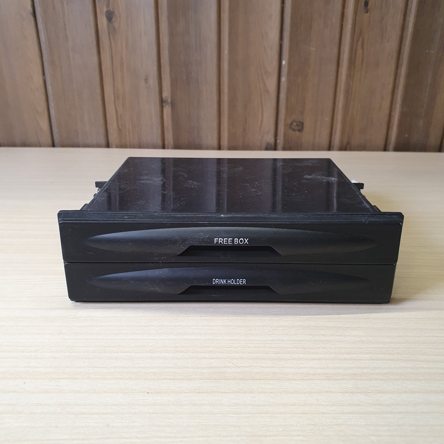Universal DIN-size car storage tray and drink holder. #8098