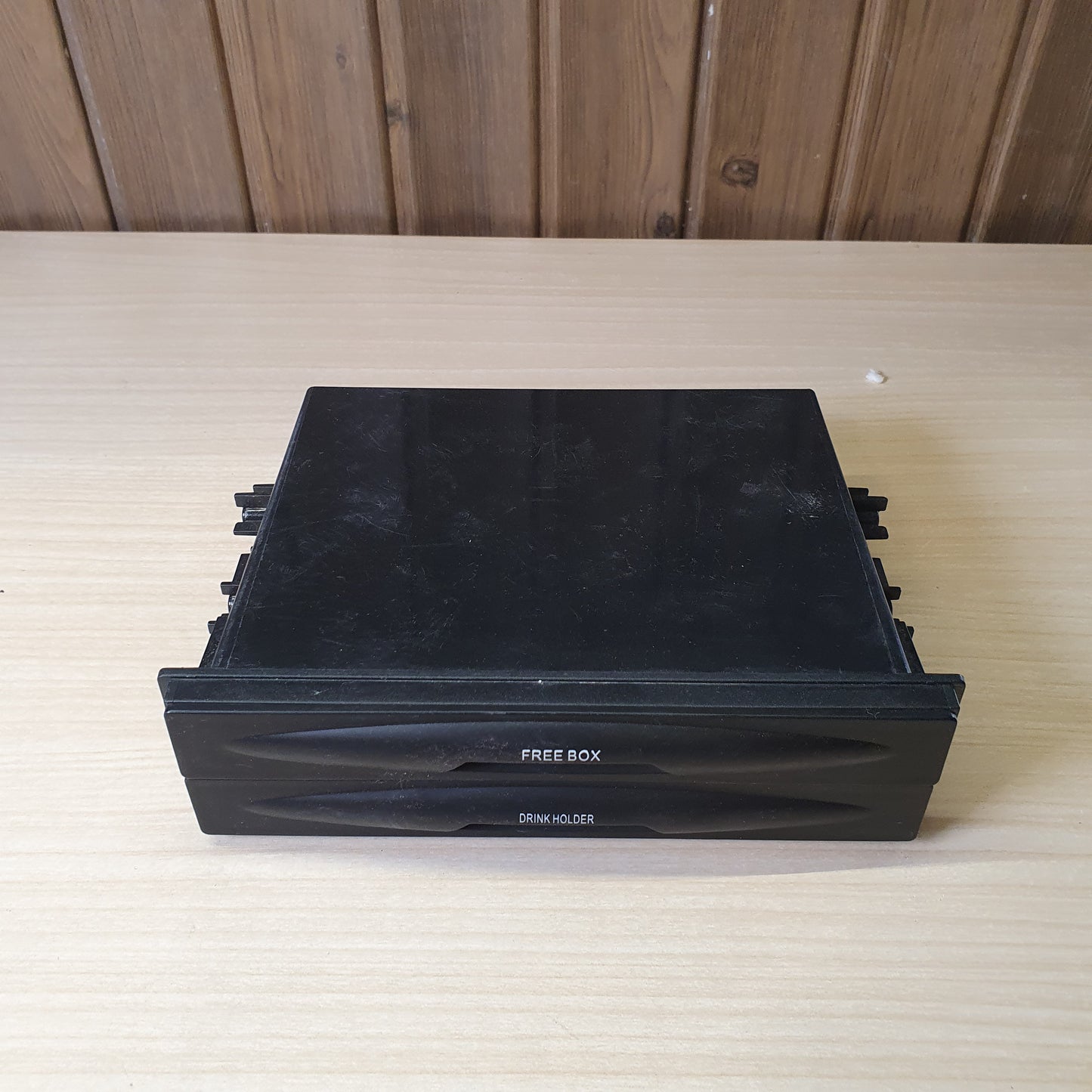 Universal DIN-size car storage tray and drink holder. #8098
