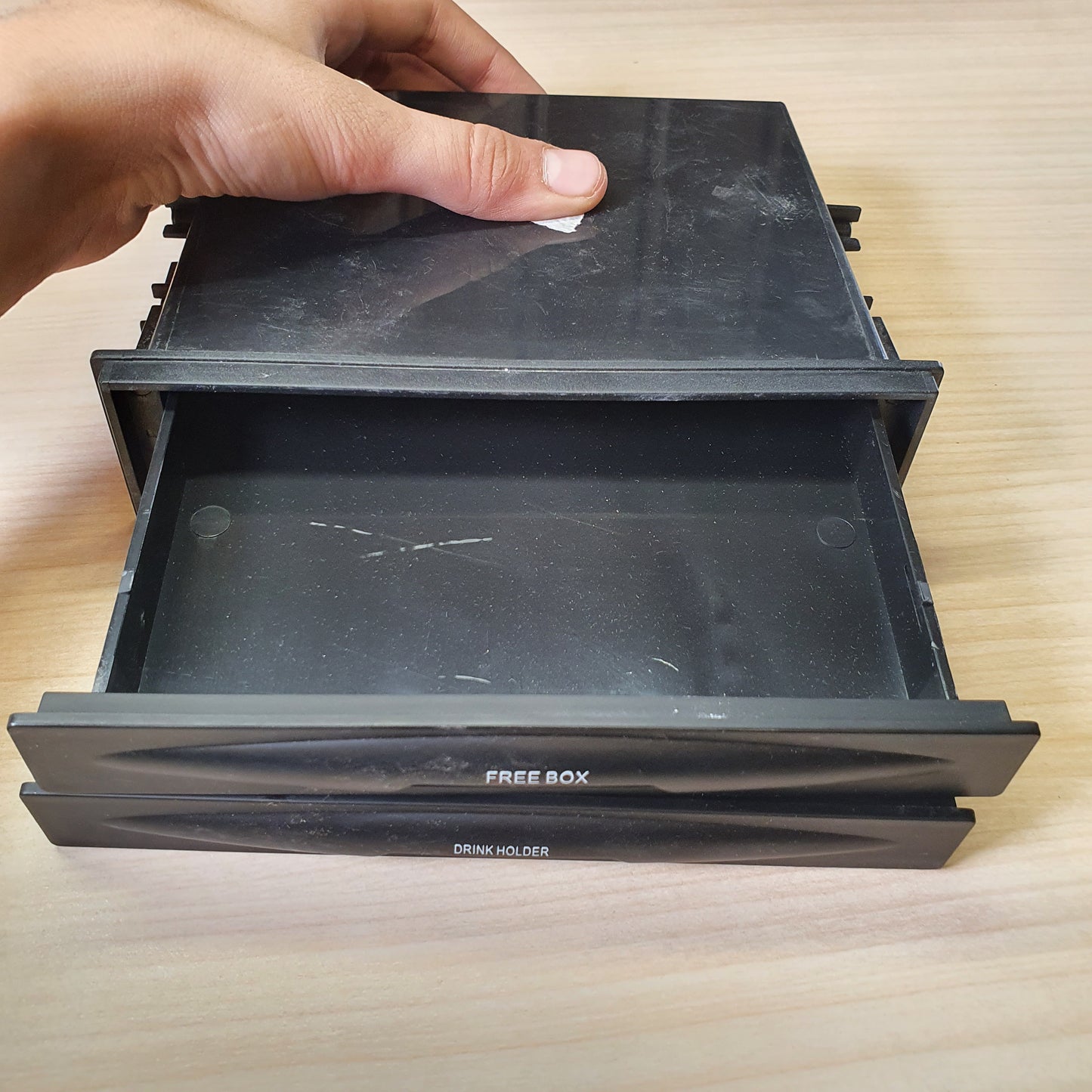 Universal DIN-size car storage tray and drink holder. #8098