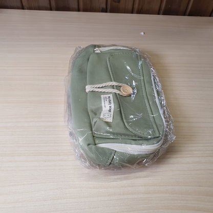 green pencil case features a beige button and white rope accent closure.#8247
