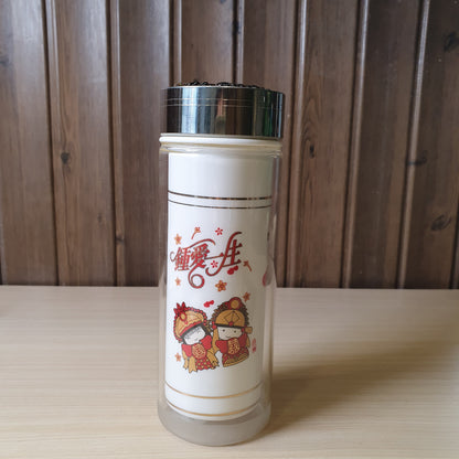 Steel vacuum flask designed with a "Double Happiness" (囍) cartoon motif for weddings. #8245
