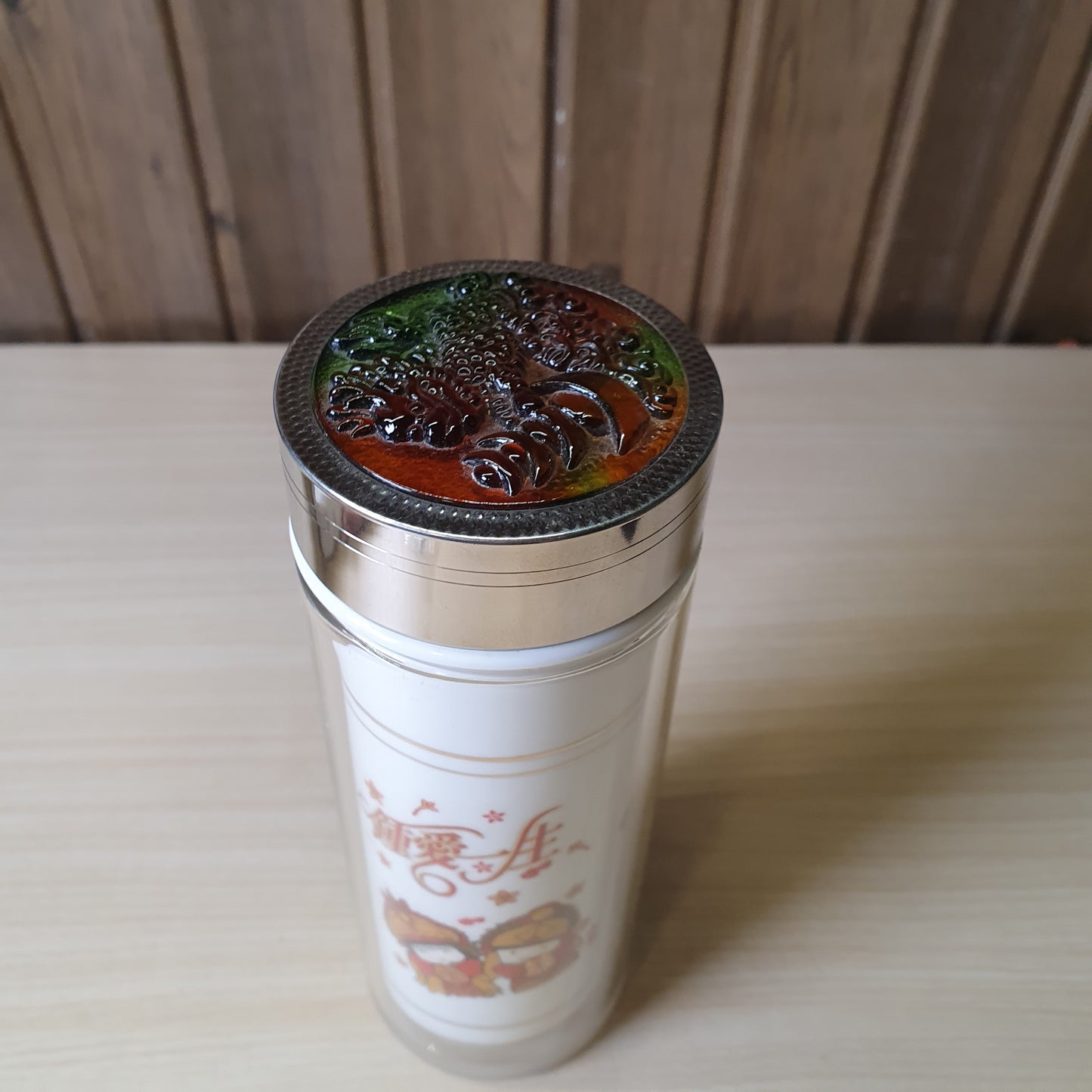 Steel vacuum flask designed with a "Double Happiness" (囍) cartoon motif for weddings. #8245