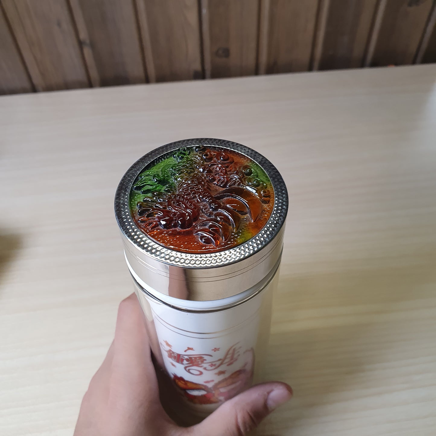 Steel vacuum flask designed with a "Double Happiness" (囍) cartoon motif for weddings. #8245