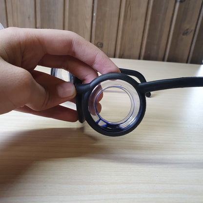 Motion sickness glasses feature a unique lensless frame design with liquid-filled rings that create an artificial horizon to reduce nausea. #8581