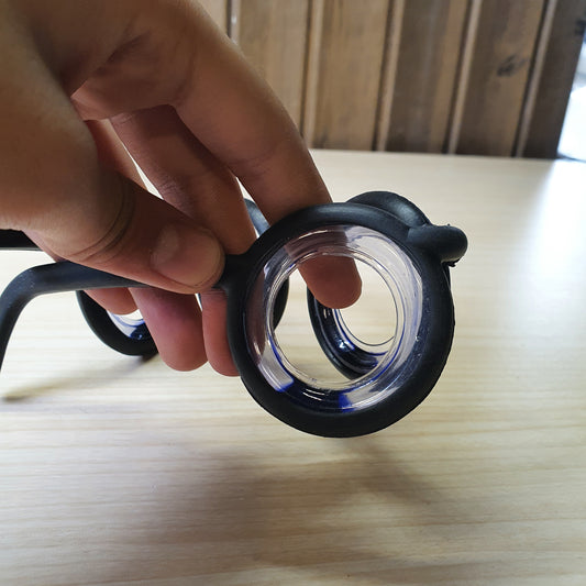 Motion sickness glasses feature a unique lensless frame design with liquid-filled rings that create an artificial horizon to reduce nausea. #8581