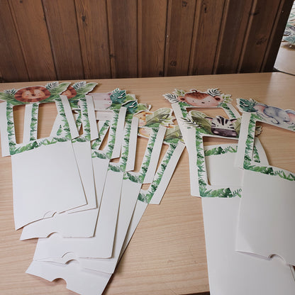 Jungle animal-themed photo frames are designed as a banner for a "Wild One" first birthday party or baby shower. #8399