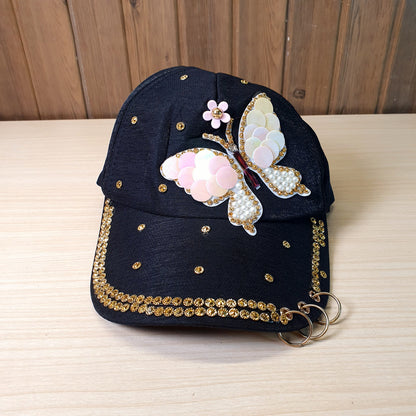 Butterfly Colorful Full Crystal 3D Trucker Hat Cotton Shiny Metal Rings  #9084