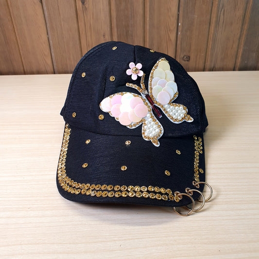 Butterfly Colorful Full Crystal 3D Trucker Hat Cotton Shiny Metal Rings  #9084