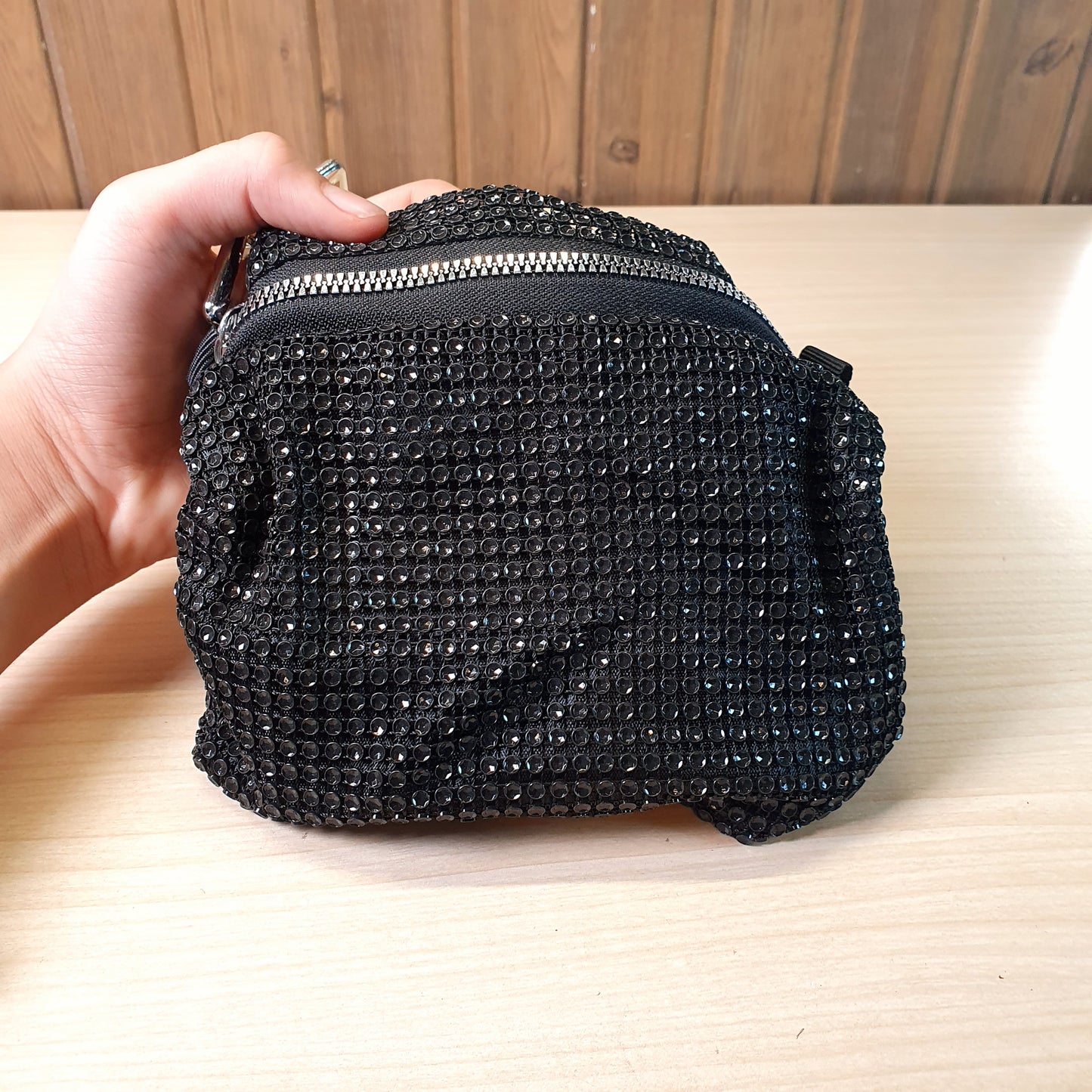 Black rhinestone-embellished bucket bag #9070