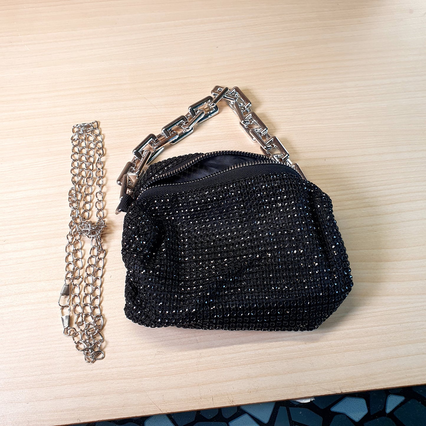 Black rhinestone-embellished bucket bag #9070