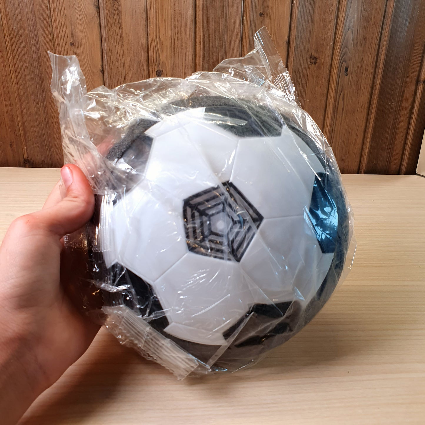Hover Soccer Ball features a black and white design with foam bumpers for indoor play. #9124