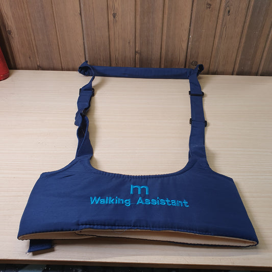 Blue baby walking assistant harness features adjustable straps and embroidered text. # 9273