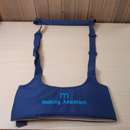 Blue baby walking assistant harness features adjustable straps and embroidered text. # 9273