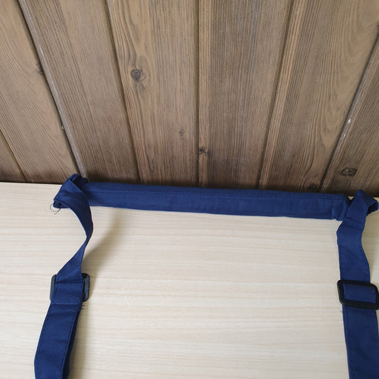 Blue baby walking assistant harness features adjustable straps and embroidered text. # 9273