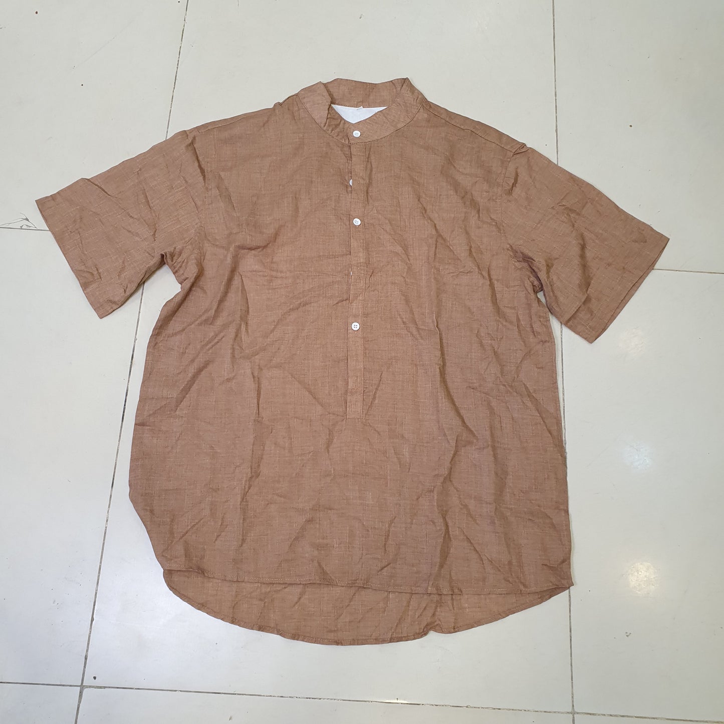 Men’s Brown Mandarin Collar Linen Shirt Size xl #9231
