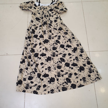 Black Floral Vintage Off Shoulder Midi Dress#9085