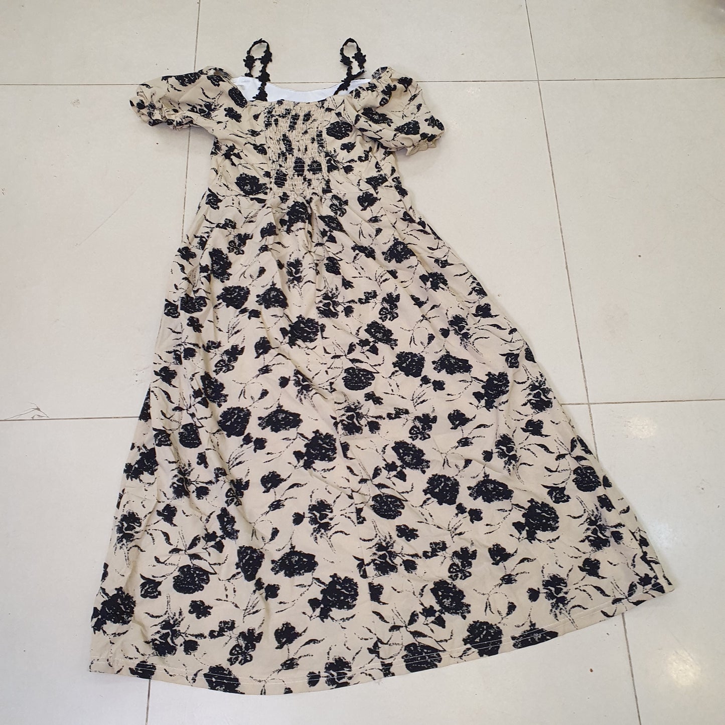Black Floral Vintage Off Shoulder Midi Dress#9085