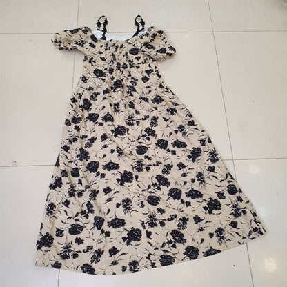 Black Floral Vintage Off Shoulder Midi Dress#9085