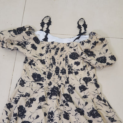 Black Floral Vintage Off Shoulder Midi Dress#9085