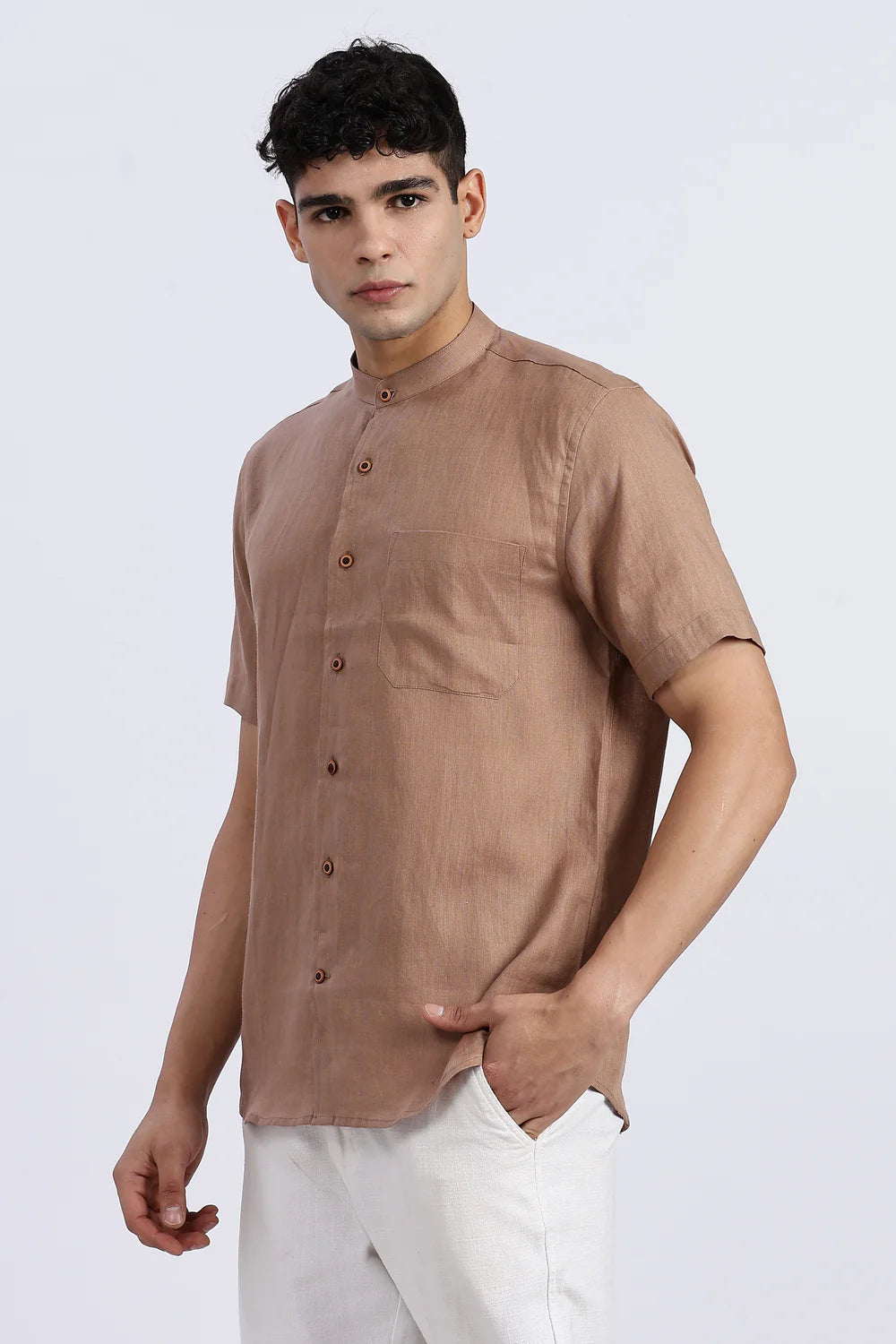 Men’s Brown Mandarin Collar Linen Shirt Size xl #9231