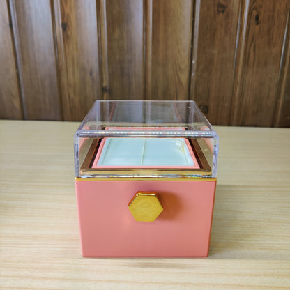 pink rotating eternal rose jewelry gift box with a preserved flower under an acrylic lid #2149