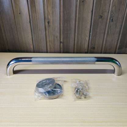 Cabinet pull handle featuring a polished chrome and knurled steel design.#2590