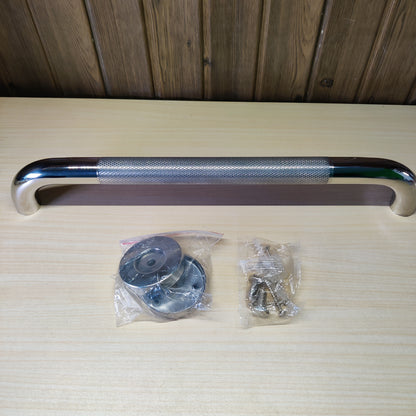 Cabinet pull handle featuring a polished chrome and knurled steel design.#2590